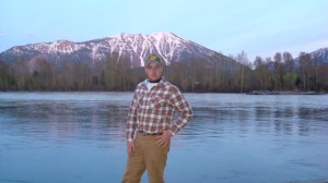 Phillion posing next to namesake before heading out to chop wood.