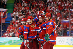 The Belarus National team (known as the Leafs) celebrate their shorthanded goal en route to a gold medal in the D2 division at the Sochi Games
