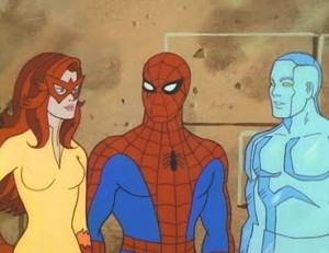 Ice Man discusses hockey strategy and super hero stuff with amazing friends (left to right) Firestar, Spider Man.