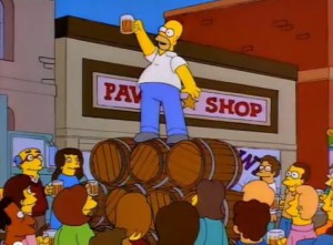 Homer Simpson leads the toast to Boucher's timely entrance, bringing beer and hope